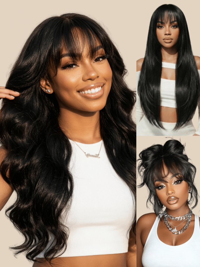 Pre-Everything™ wig front view showing curtain bangs and loose wave texture