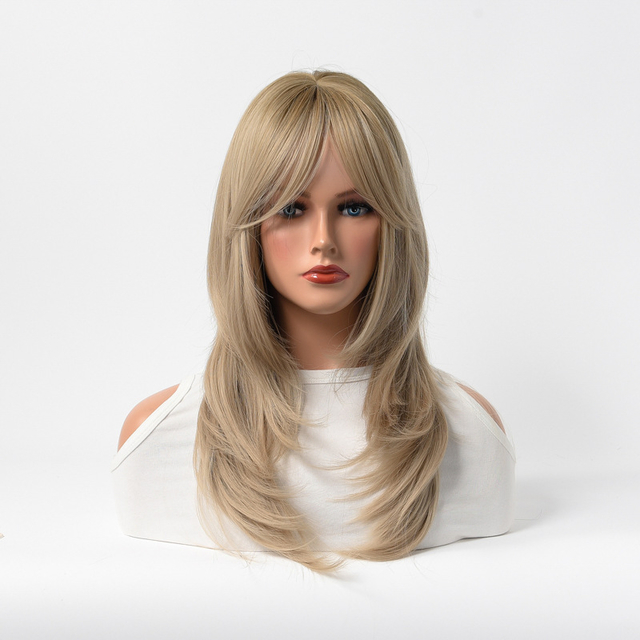 Natural Long Wavy Heat Resistant Fiber Synthetic Wig Ombre Grey Golden for Women