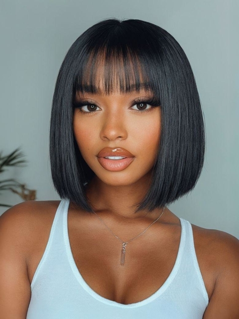 UNice Natural Texture 150% Density Human Hair Bob Wig with Blunt Bangs