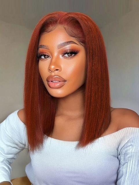 UNice 7x5 Lace Reddish Brown Yaki Straight Human Hair Bob Wig with Glueless Fit