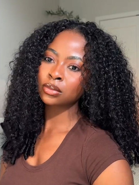 UNice InvisiBlend™ V Part Human Hair Wig with Finger Coil Ends and 180% Density in Transparent Lace