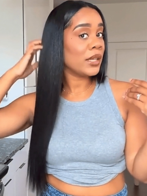 UNice InvisiBlend™ 180% Density Glueless Yaki Straight V Part Human Hair Wig with Adjustable Drawstring